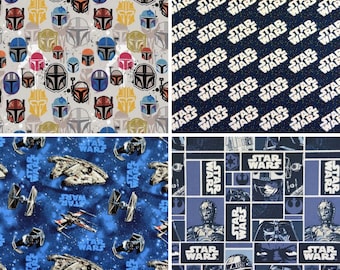 May include: Four different fabric swatches featuring Star Wars characters and imagery. The first swatch features a repeating pattern of various Star Wars helmets in shades of blue, red, yellow, and gray on a white background. The second swatch features a repeating pattern of the words "Star Wars" in white on a dark blue background with white stars. The third swatch features a repeating pattern of Star Wars spaceships in shades of gray, white, and blue on a dark blue background with white stars. The fourth swatch features a repeating pattern of Star Wars characters and imagery in shades of blue, gray, and white on a dark blue background.