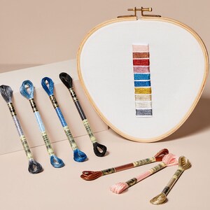 May include: Assortment of embroidery floss spools in various colors, including pink, gold, blue, and silver. The floss is arranged in a row on a light brown surface. The floss is wrapped around a white card with black text.