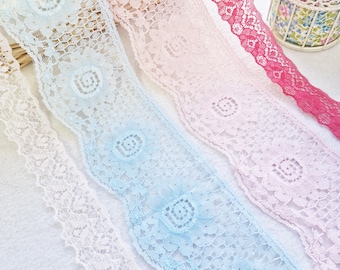 ブルー＆ピンクの花柄刺繍コットンレーストリム：2.1メートル - Etsy 日本