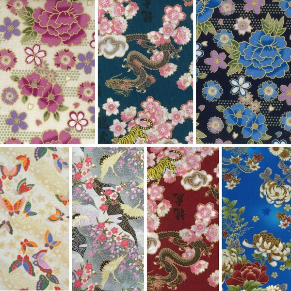 Japanese Cotton Fabric Fat Quarters | Japan Dragon Floral Flowers Metallic | Patchwork Quilting Bunting