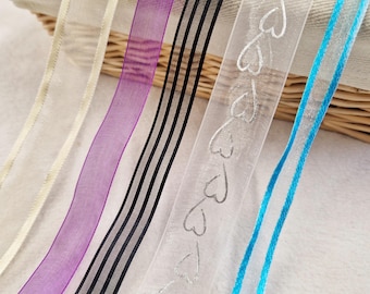 Organza Woven Edge Sheer Chiffon Ribbon Wedding Crafts Sewing Heart Stripe Edged BY THE METRE