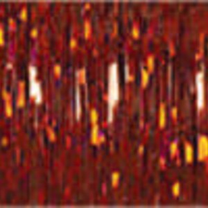 May include: A red and gold metallic fringe curtain with a shiny, iridescent finish. The curtain is made of thin strips of material that hang vertically.