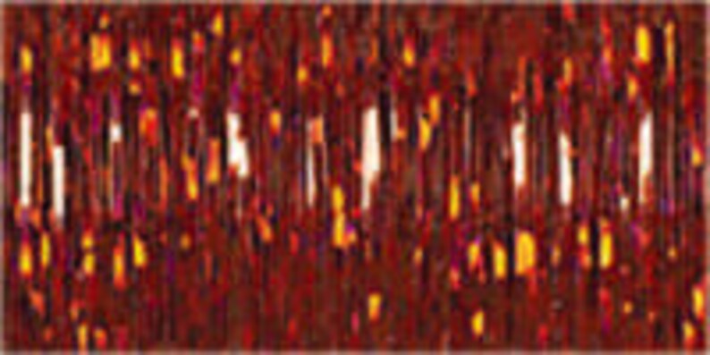 May include: A red and gold metallic fringe curtain with a shiny, iridescent finish. The curtain is made of thin strips of material that hang vertically.