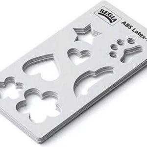 May include: A stack of white plastic stencils with various cut-out shapes, including a star, heart, paw print, and flower. The stencils have the brand name "REGIA" printed on them. The material is ABS Latex-free.