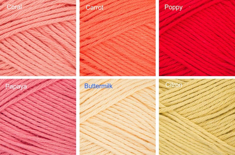 May include: Six skeins of yarn in different colors: coral, carrot, poppy, papaya, buttermilk, and citron.