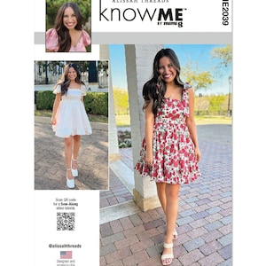 May include: A sewing pattern envelope labeled ME2039 Know Me by Mimi G featuring Alissah Threads. The cover displays two dress variations: a solid white dress with short sleeves and a floral print dress with tie straps and a ruffled hemline.