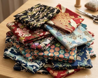 Japanese Cotton Fabric by Yard or Fat Quarter Bundle, Gold Metallic Dragon Tiger Cranes Oriental Quilt Material, Japan Floral Waves Fabric