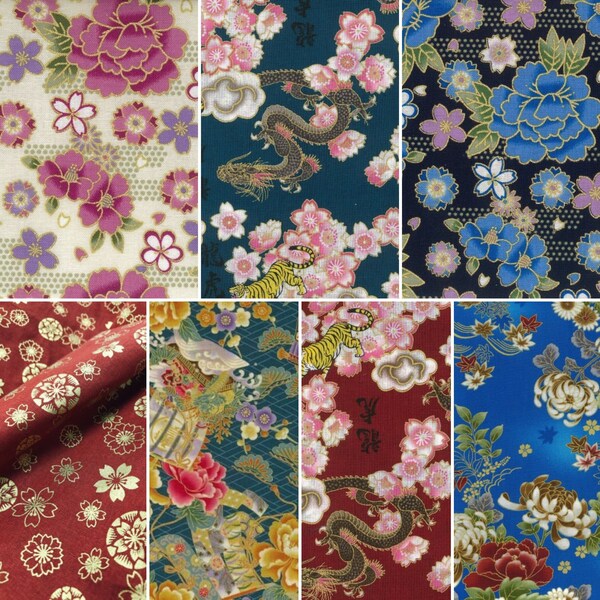 Japanese Cotton Fabric Fat Quarters | Japan Dragon Floral Flowers Metallic | Patchwork Quilting Bunting