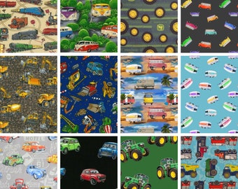 100% Cotton Fabric Transport Fat Quarters | Train Camper Van Mini Car Truck Digger | Craft Sewing Supplies