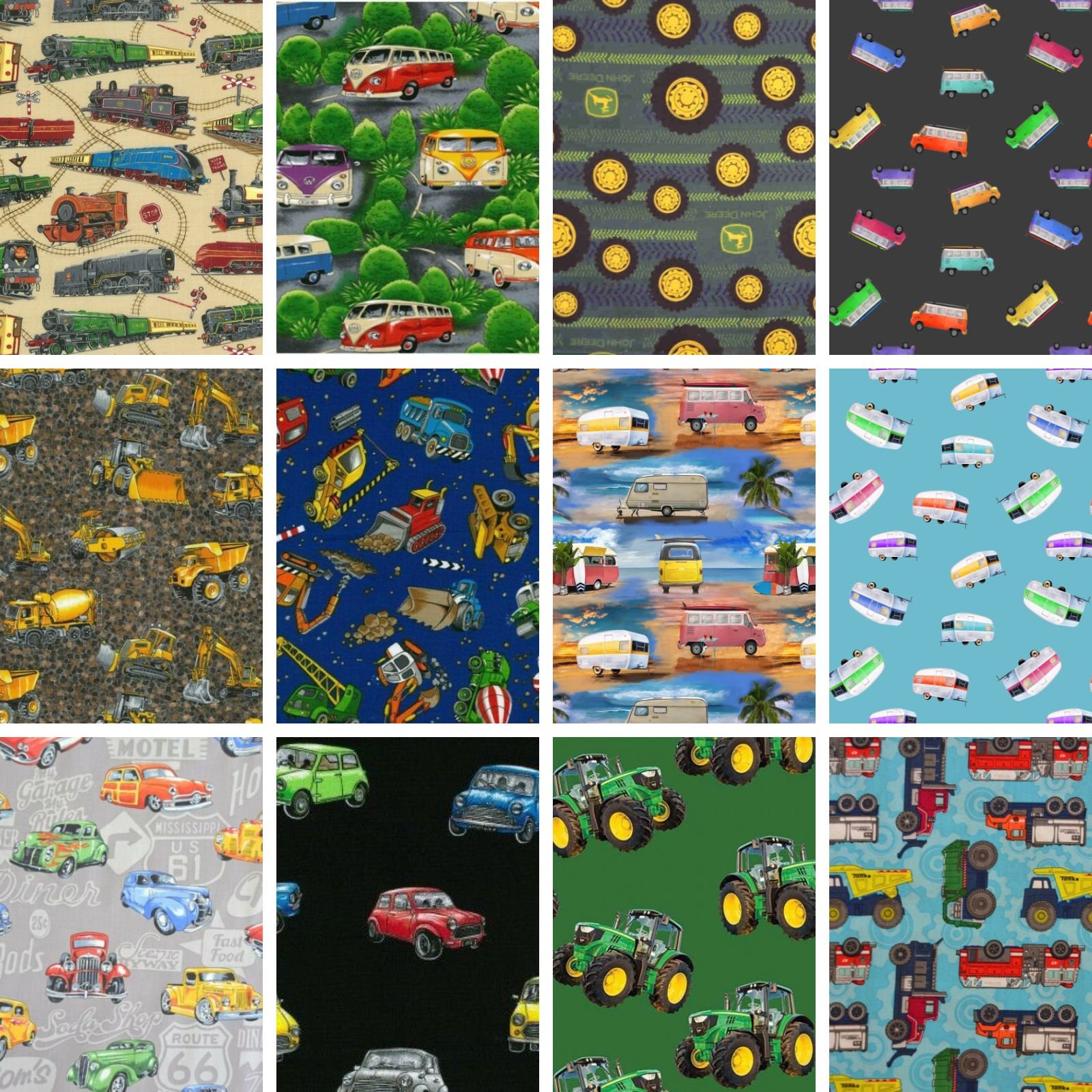 100% Cotton Fabric Transport Fat Quarters | Train Camper Van Mini Car Truck Digger | Craft Sewing Supplies