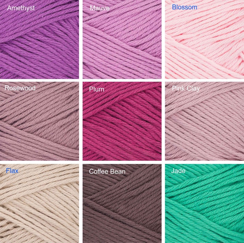May include: Nine skeins of yarn in various shades of purple, pink, brown, beige, and green. The yarn is arranged in a grid pattern with the color names labeled above each skein.