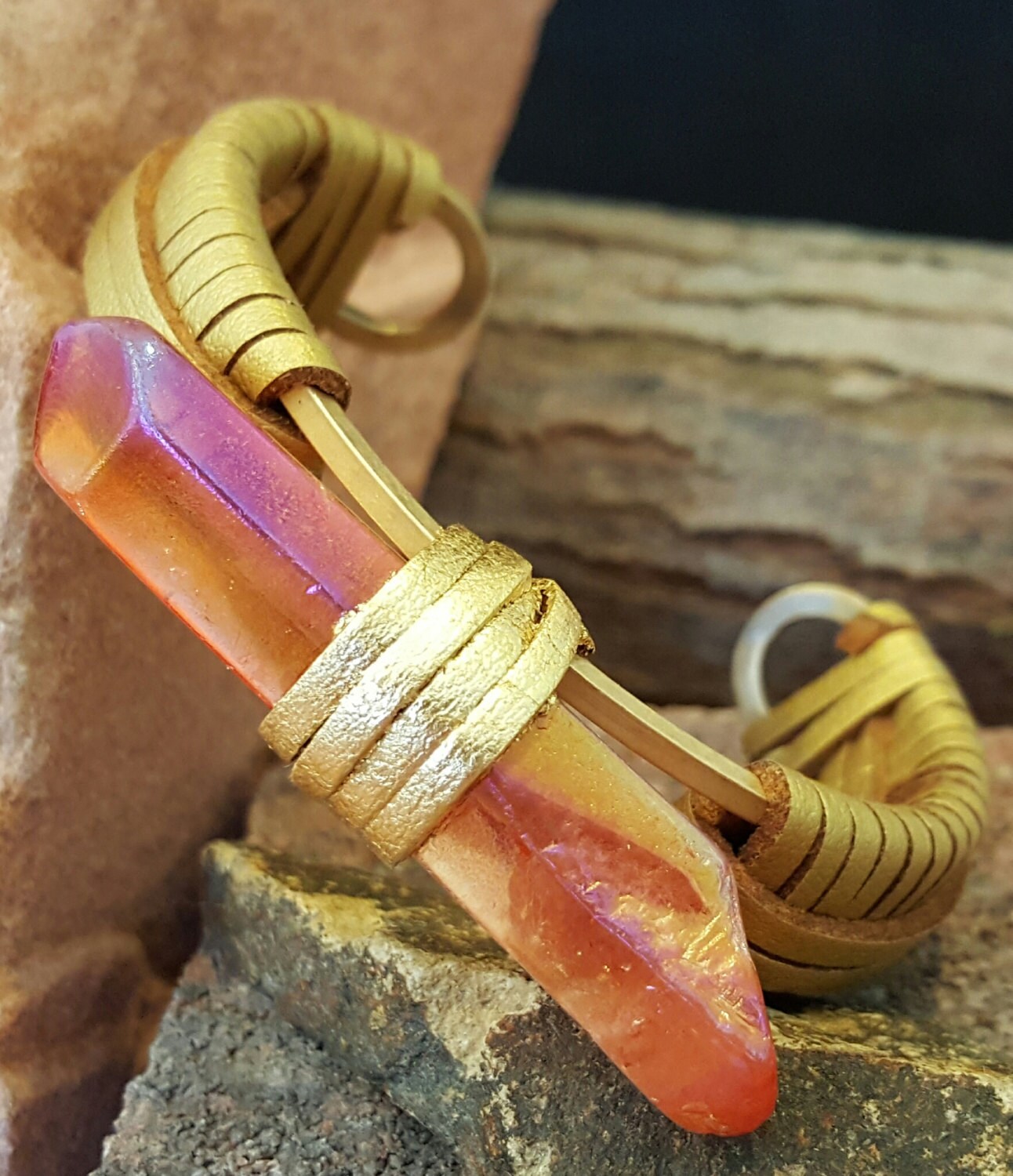 Rainbow Quartz Point Cuff Bracelet Bangle Etsy