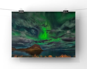 Northern Lights Wall Decor, UNFRAMED Green Art Print, Mountain Photography, Aurora Borealis, Iceland Photography - Magic Sky