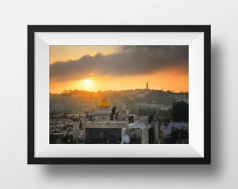 Jerusalem, Islamic Art, UNFRAMED, Dome of the Rock, Orange Wall Art, City Wall Decor, Sunset Wall Art Landscape Print - Golden Hour