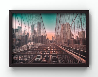 Brooklyn Bridge and New York City Manhattan Downtown Skyline Photograph, UNFRAMED, Urban Decor, NYC Photo, Manhattan skyline - The Commute