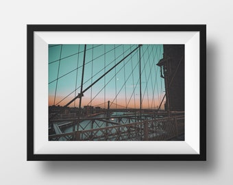 New York Travel Print -  Brooklyn Bridge Photograph, UNFRAMED, Architectural Print, NYC Wall Art Print - Brooklyn Blues