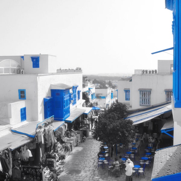 Tunisia Photograph, Architecture, Sidi Bou Said, Metal Print, Tunisia, Tunis, Birds Eye View, Decor, Fine Art Photography - Blue & White