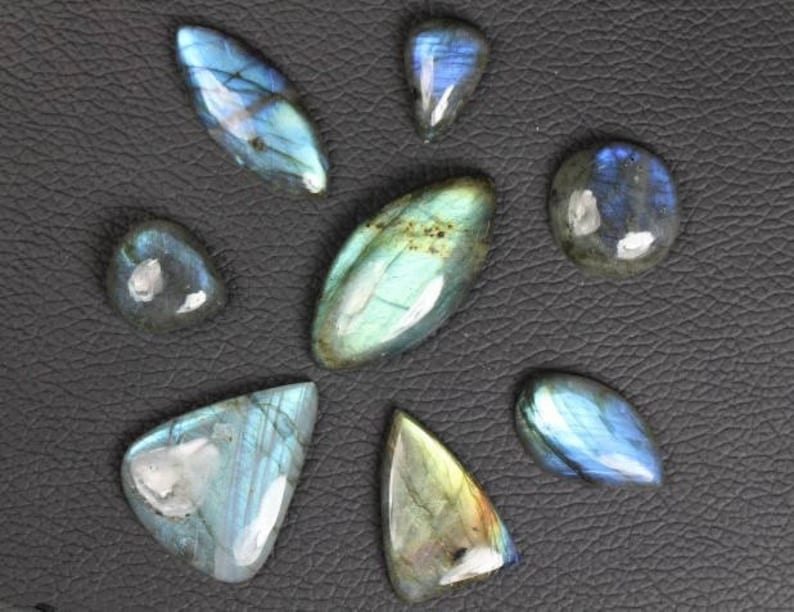 7 x 19 x 38 mm 5 x 12 x 18 8 piece Multi shape smooth LABRADORITE cabochons