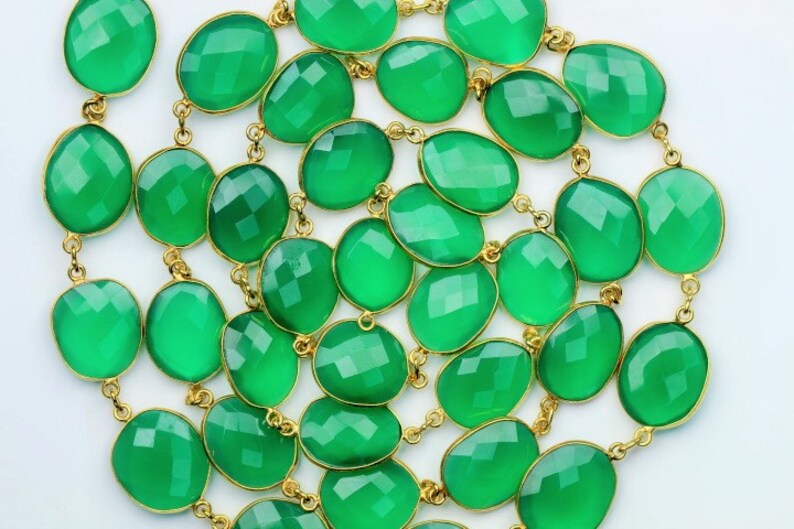 16 X 18 mm Approx Very Good quality 9 inch long strand connector chain gold plated GREEN ONYX 14 X 15