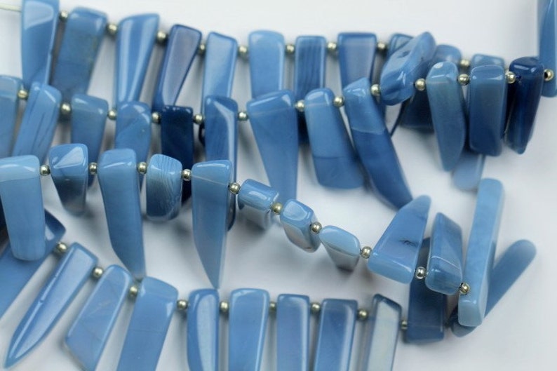 10 inch long strand smooth BLUE OPAL sticky beads 4.5 x 6.5 x 17--6 x 7 x 32 mm