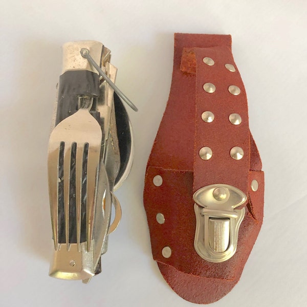 Vintage Camping Utility Survival Pocket Folding Knife Leather Case