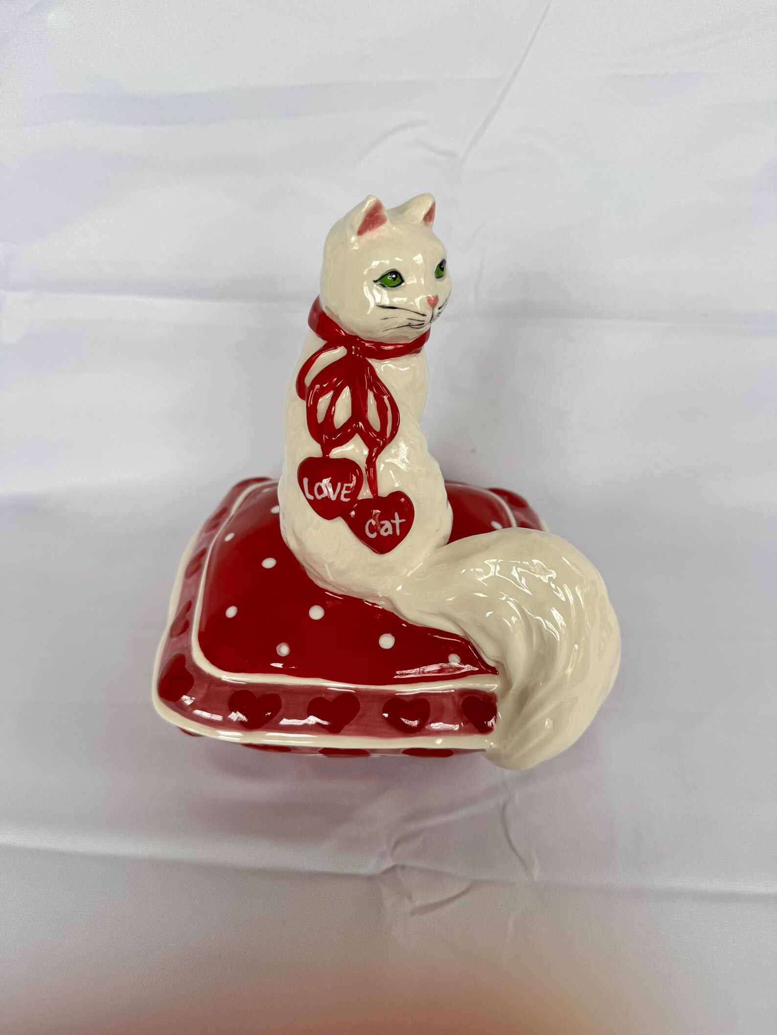 Blue Sky Clayworks White Kitty On Red Heart Pillow