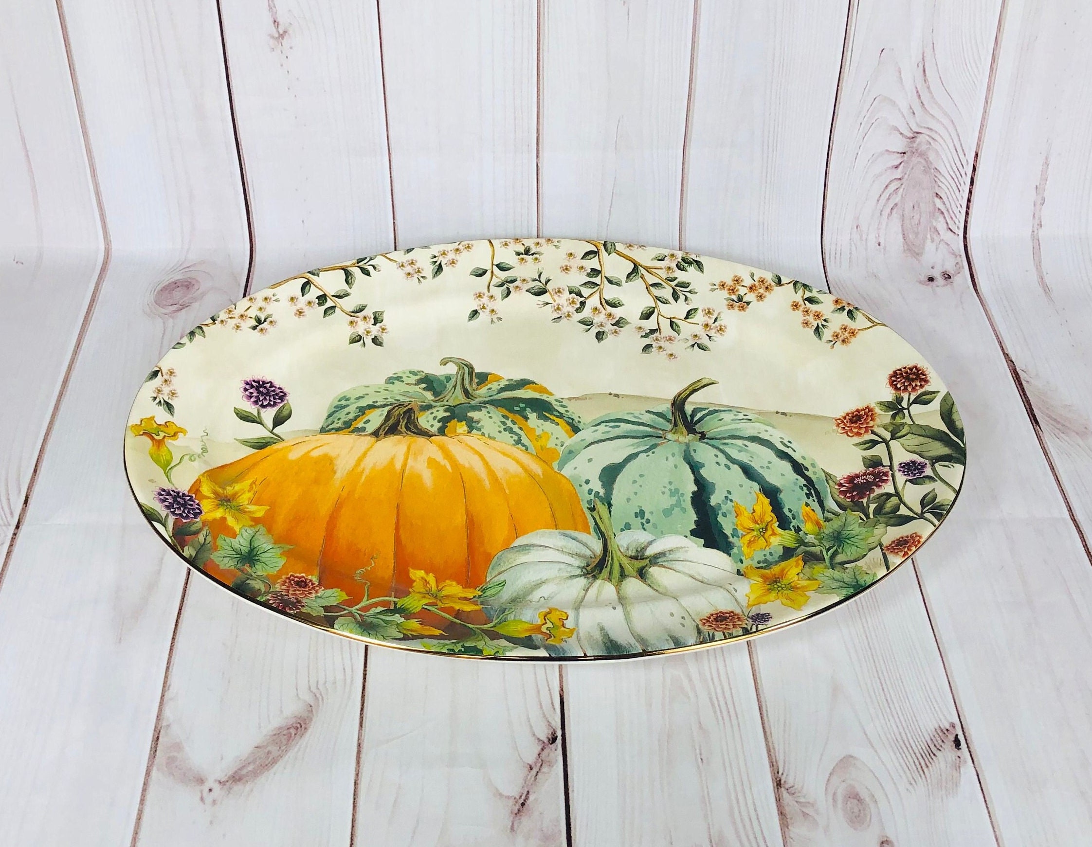Pottery Barn Botanical Harvest Pumpkin Stoneware Oval Serving Etsy