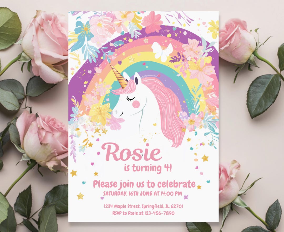 Rainbow Unicorn Invitation Birthday Party Editable Template Girl Party ...