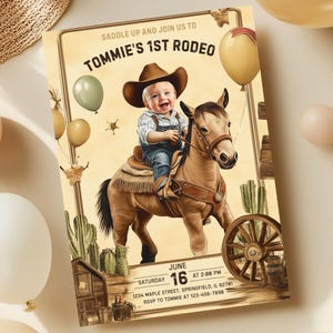 Modèle modifiable d'Invitation de premier anniversaire de cowboy, première invitation d'anniversaire de rodéo, Invitation de cowboy du Far West, téléchargement numérique imprimable