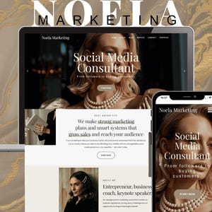 Può includere: Un laptop e uno smartphone mostrano il sito web di Noela Marketing, consulente di social media. Il sito presenta una donna con perle, con testo che promuove piani di marketing e sistemi intelligenti.