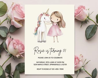 May include: A birthday invitation featuring a watercolor illustration of a unicorn and a girl in a pink dress. The text reads "Rosie is turning 51" with event details below. Pink roses frame the invitation.
