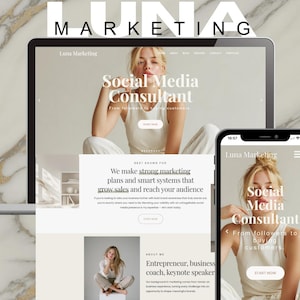 May include: A laptop and smartphone show a website design for Luna Marketing, a social media consultant. The website features a woman in a white outfit, with text that reads "Social Media Consultant" and "Start Now."