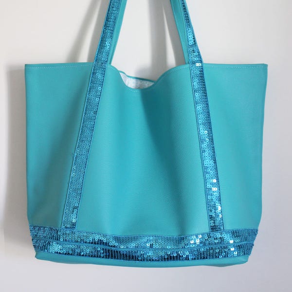 Large shopping bag in turquoise imitation leather and turquoise sequined band