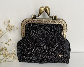 Henriette coin purse - Japanese fabric with white dotted Nami pattern on a black background, metal clasp