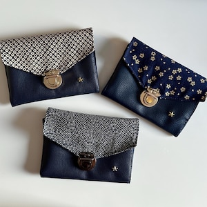 Portefeuille Shirley simili cuir bleu marine et tissus japonais