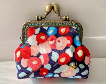 Henriette purse - navy Japanese fabric with red, pink, blue and white flowers, metal clasp