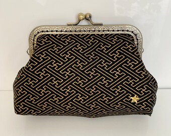 Ramona pouch - Japanese Sayagata fabric in gold on black background, metal clasp