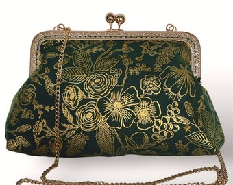 Sac à main Henriette fermoir rétro doré et Tissu Colette Evergreen vert sombre et métallique or