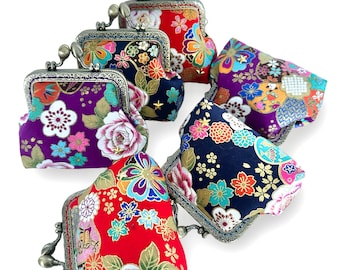 Ramona purse, Japanese fabrics with purple background, wheel or navy and traditional patterns, metal clasp