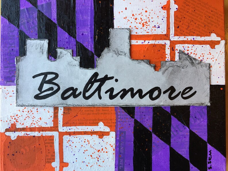Baltimore Skyline Fine Art Print Mixed Media Maryland Flag Etsy