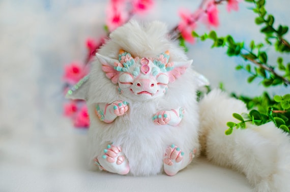 White Sleeping Dragon Art Doll: Handmade Faux Fur Polymer Clay