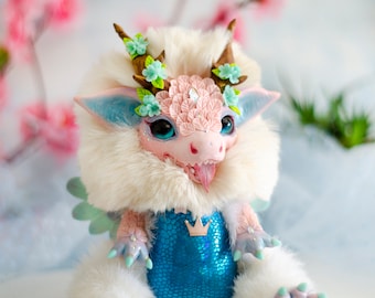 Crystal Rose Dragon art doll. White Art Doll with Pink Body, Blue Glittering Belly. Magical White Dragon. Handcrafted Fantasy Creature