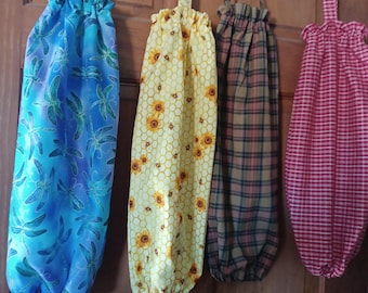 Handmade Fabric Grocery Bag Holder, Kitchen Storage Organizer, plastic bag holder, various designs. Handmade bag organizer