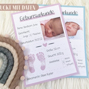 Geburtsurkunde "Steckbrief" | Gedruckt MIT Daten | A5-Format | für Reborner | Beilage für das Boxopening von Rebornbabys