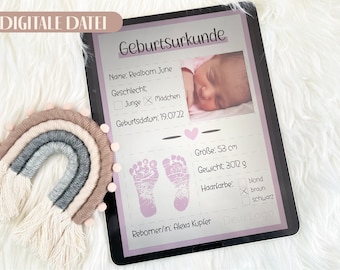 Birth certificate "Profile" | Digital version | A5 format | for Reborner | Supplement for the box opening of Rebornbabys