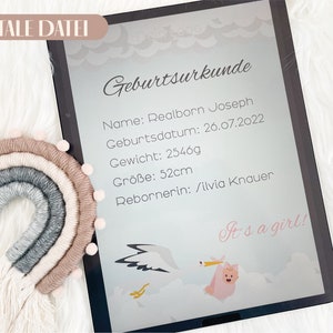 Geboorteakte "Rattle Stork" | Digitale versie | A5-formaat | voor Reborner | Supplement voor de doosopening van Rebornbabys