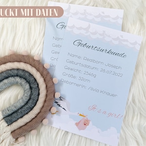 Geburtsurkunde "Klapperstorch" | Gedruckt MIT Daten | A5-Format | für Reborner | Beilage für das Boxopening von Rebornbabys