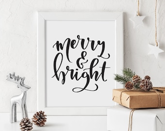 Merry and Bright Printable Art in 3 Colors //Christmas Printable, Christmas Card, Christmas Poster, Holiday Decor, Holiday Calligraphy, Gift