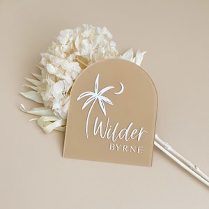 Arch Acrylic Name Sign | Personalised Plaque | Palm Tree name sign  | Custom Name Sign | Baby Photo Prop | Boho Kids Name Plaque
