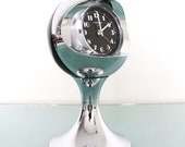 LUMEN Alarm Clock Mantel Vintage CHROME Pedestal BLACK Space Age Clock Germany Retro Alarm Clock. Offered With a One Year Guarantee